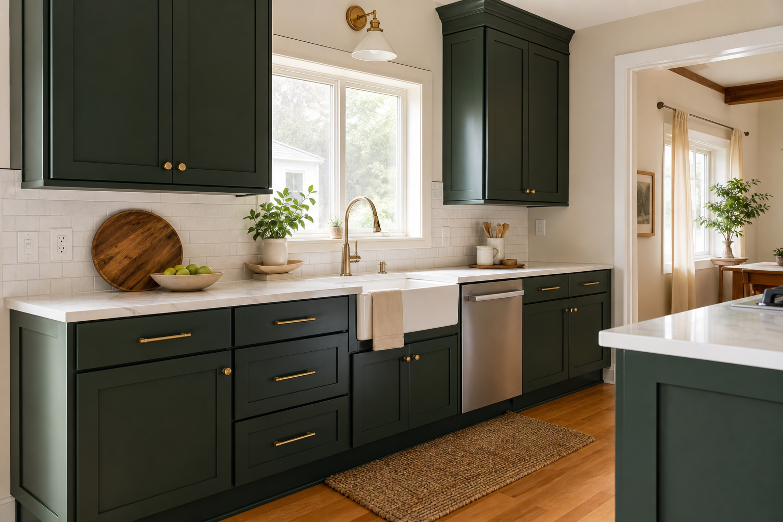 Kitchen cabinets refinished in deep forest green with brass hardware