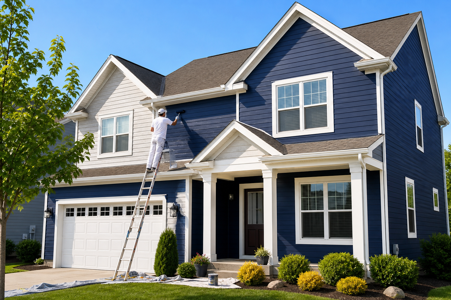 Painter on a ladder repainting a two-story house exterior in navy blue